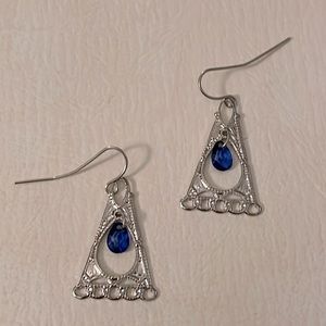 1928 Silvertone Triangle with Blue Gem Drop Earrings